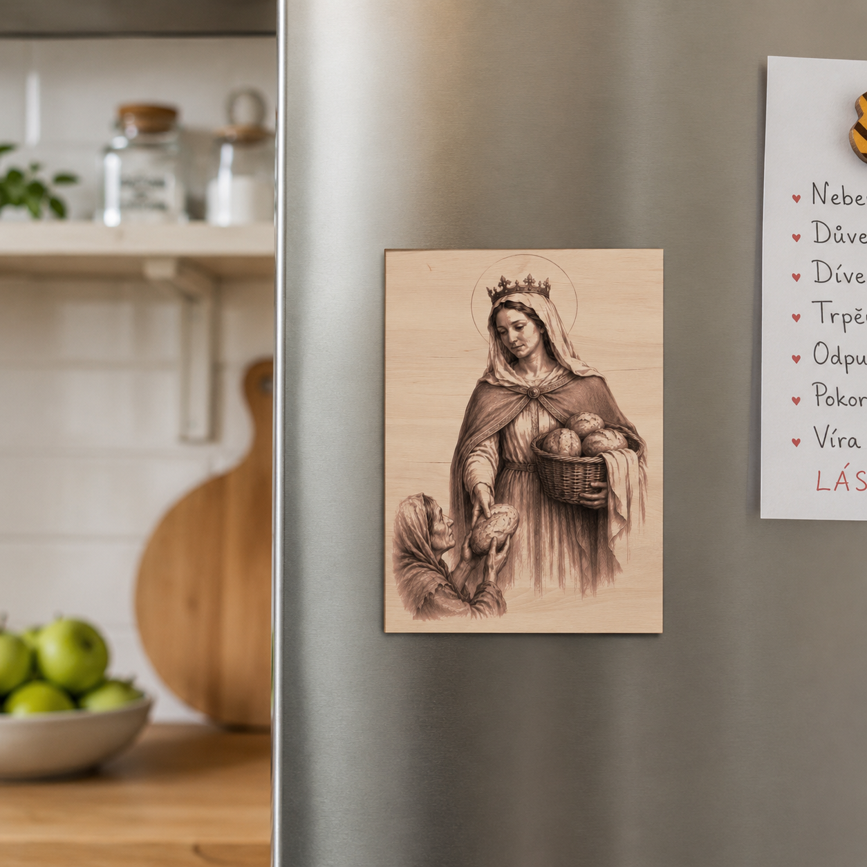 Dřevěný magnet se svatou Alžbětou Durynskou s detailním gravírováním připevněný na lednici v moderní kuchyni – křesťanská dekorace do domácnosti, katolický dárek, náboženský magnet ze dřeva, patronka charity.