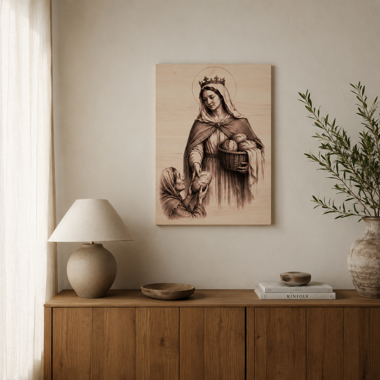 Dřevěný gravírovaný obraz svaté Alžběty Durynské realisticky zavěšený v moderním světlém interiéru nad dřevěnou komodou – katolický obraz do domácnosti, křesťanská dekorace na zeď, náboženský dárek.