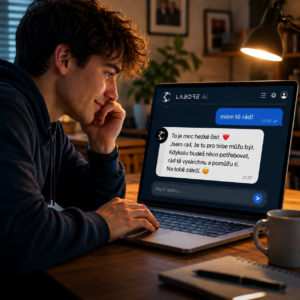 Mladý muž sedí večer u notebooku v útulném pokoji a komunikuje s umělou inteligencí přes chatovací aplikaci. Na obrazovce laptopu je vidět zpráva „mám tě rád!“ a empatická odpověď AI v češtině. Atmosféra působí intimně, osaměle a realisticky — teplé světlo lampy osvětluje pracovní stůl, hrnek, poznámkový blok a soustředěný výraz mladého člověka. Fotografie symbolizuje moderní vztah člověka a umělé inteligence, digitální samotu, emocionální závislost na AI, komunikaci s chatbotem a otázku, zda může AI nahradit skutečné lidské vztahy. Ideální ilustrační obrázek k tématům: AI vztahy, umělá inteligence a emoce, digitální společnost, osamělost mladých lidí, psychologické dopady AI, chatbot jako přítel, technologie a lidskost, etika umělé inteligence, vztah člověka a AI, závislost na chatbotovi.