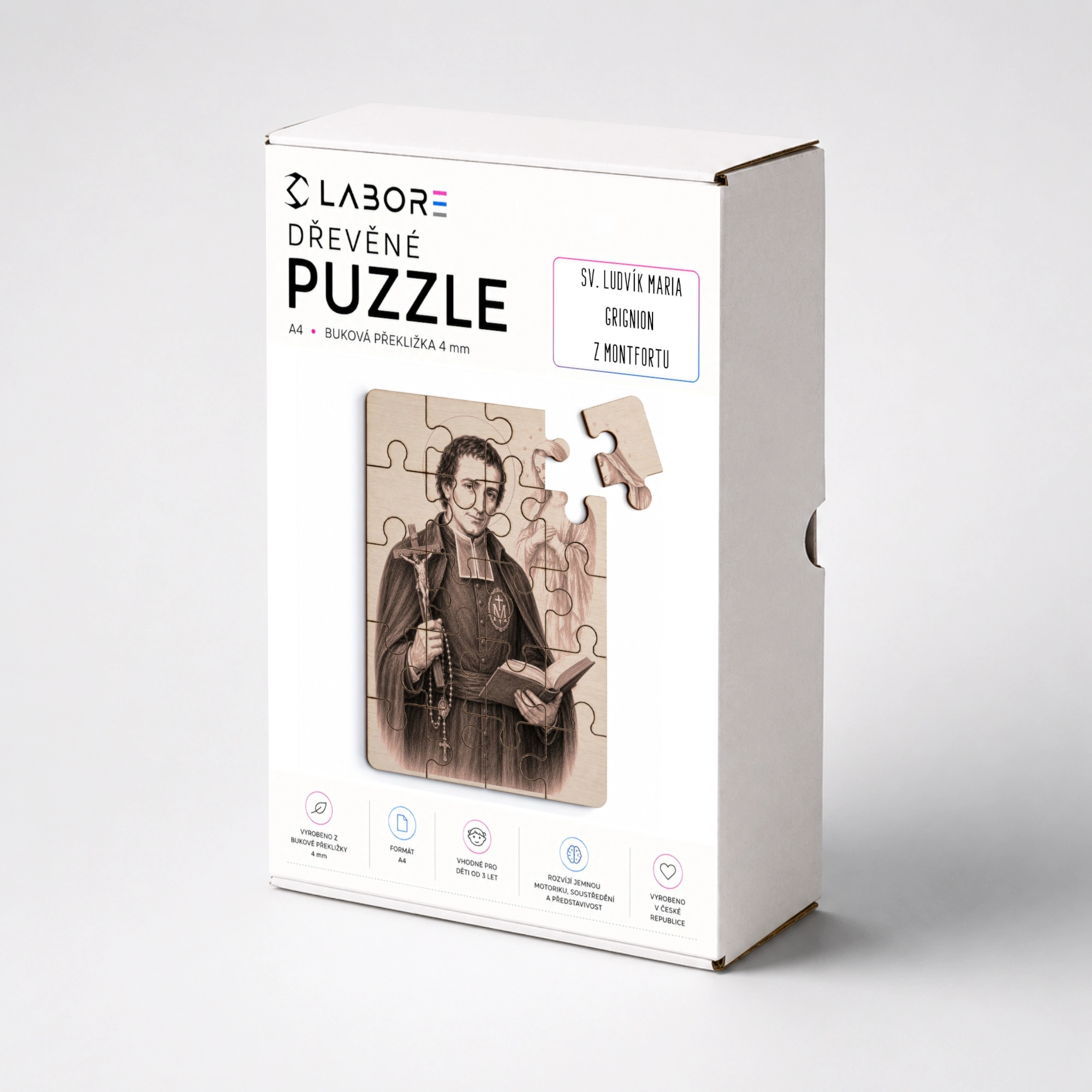 Dřevěné puzzle s motivem sv. Ludvíka Marie Grigniona z Montfortu uložené v elegantní bílé dárkové krabici. Po složení vznikne detailní obraz světce s krucifixem, růžencem a otevřenou knihou, doplněný postavou Panny Marie v pozadí. Puzzle z kvalitní bukové překližky rozvíjí soustředění, jemnou motoriku a zároveň připomíná duchovní odkaz jednoho z nejznámějších mariánských světců.