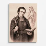 Precizně gravírovaný dřevěný obraz zachycující sv. Ludvíka Marii Grigniona z Montfortu, autora slavného díla o opravdové úctě k Panně Marii. Světec drží krucifix, růženec a otevřenou knihu jako symboly své kazatelské, teologické a misijní činnosti. Za jeho postavou je zobrazena Panna Maria, ke které celý život vedl věřící. Jemná laserová rytina na světlém dřevě vytváří působivou křesťanskou dekoraci s hlubokým duchovním poselstvím.