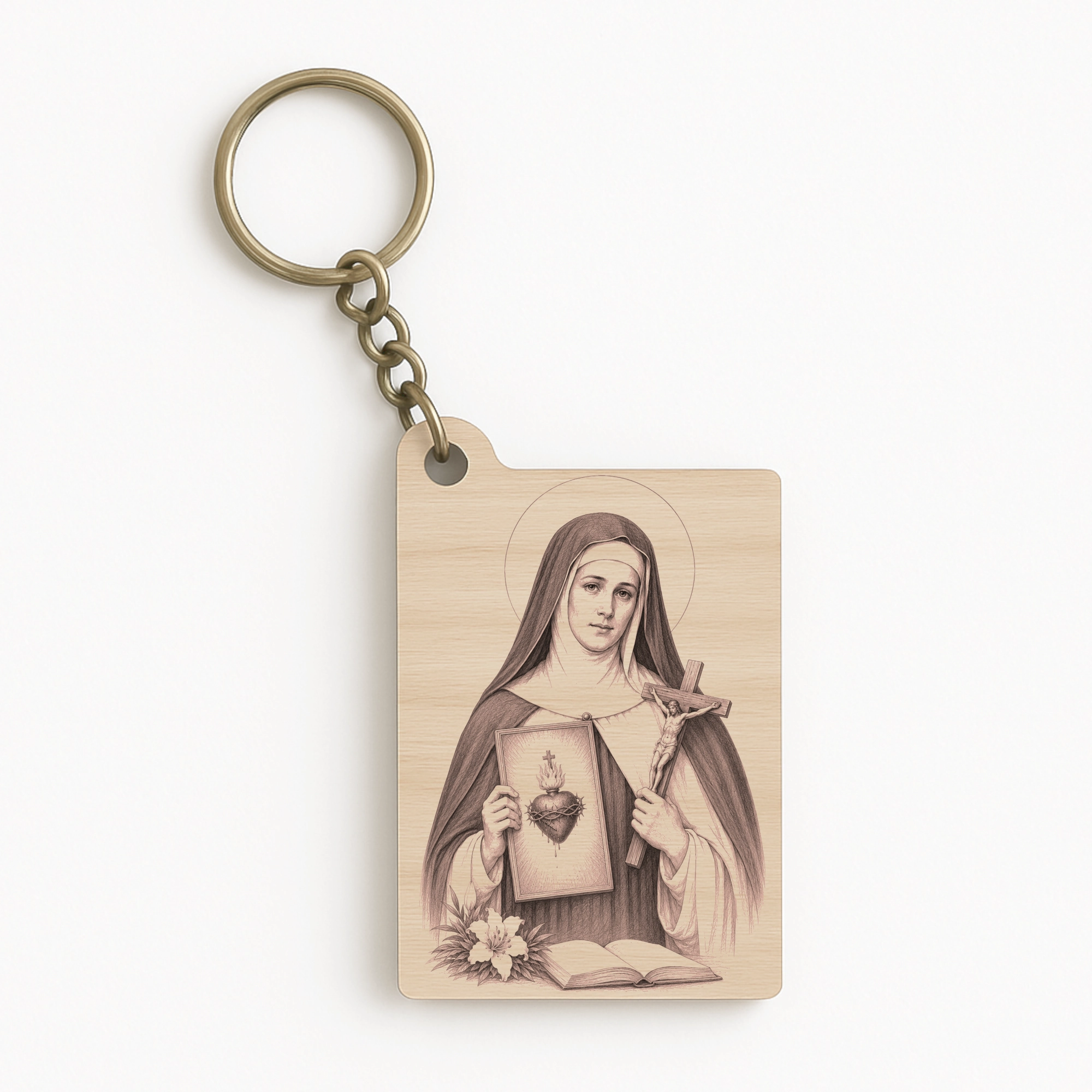 Dřevěná klíčenka s jemně gravírovaným motivem sv. Markéty Marie Alacoque, francouzské řeholnice známé šířením úcty k Nejsvětějšímu Srdci Ježíšovu. Světice drží krucifix a obraz hořícího Srdce Ježíšova, symbol Kristovy lásky k lidstvu. Precizní laserová rytina na světlém dřevě vytváří elegantní křesťanský doplněk vhodný ke klíčům, batohu nebo jako duchovní dárek.
