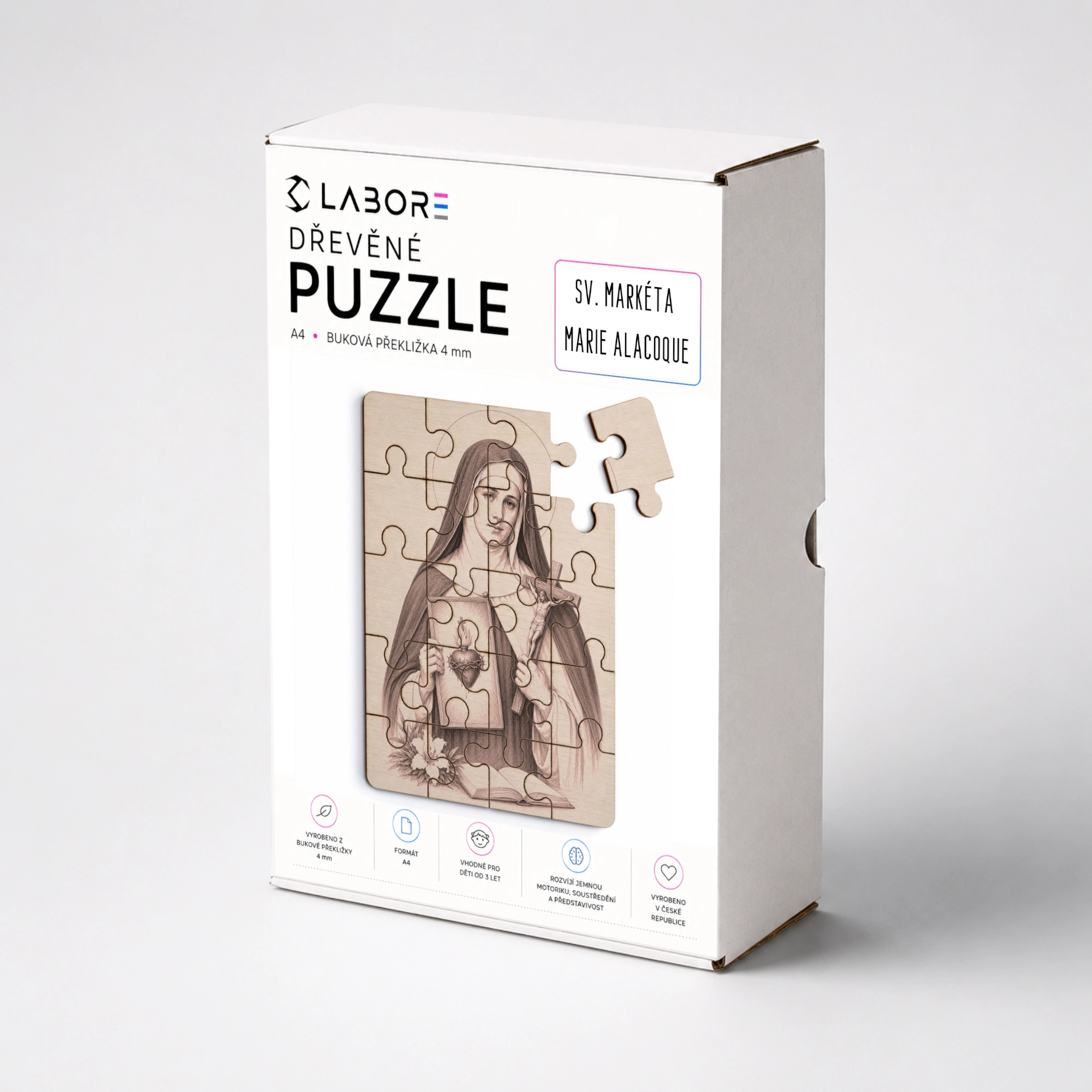 Dřevěné puzzle s motivem sv. Markéty Marie Alacoque uložené v elegantní bílé dárkové krabici. Po složení vznikne detailní obraz světice s krucifixem a vyobrazením Nejsvětějšího Srdce Ježíšova, které sehrálo zásadní roli v jejím duchovním poslání. Puzzle z kvalitní bukové překližky rozvíjí jemnou motoriku, soustředění a zároveň přibližuje významnou osobnost katolické spirituality.