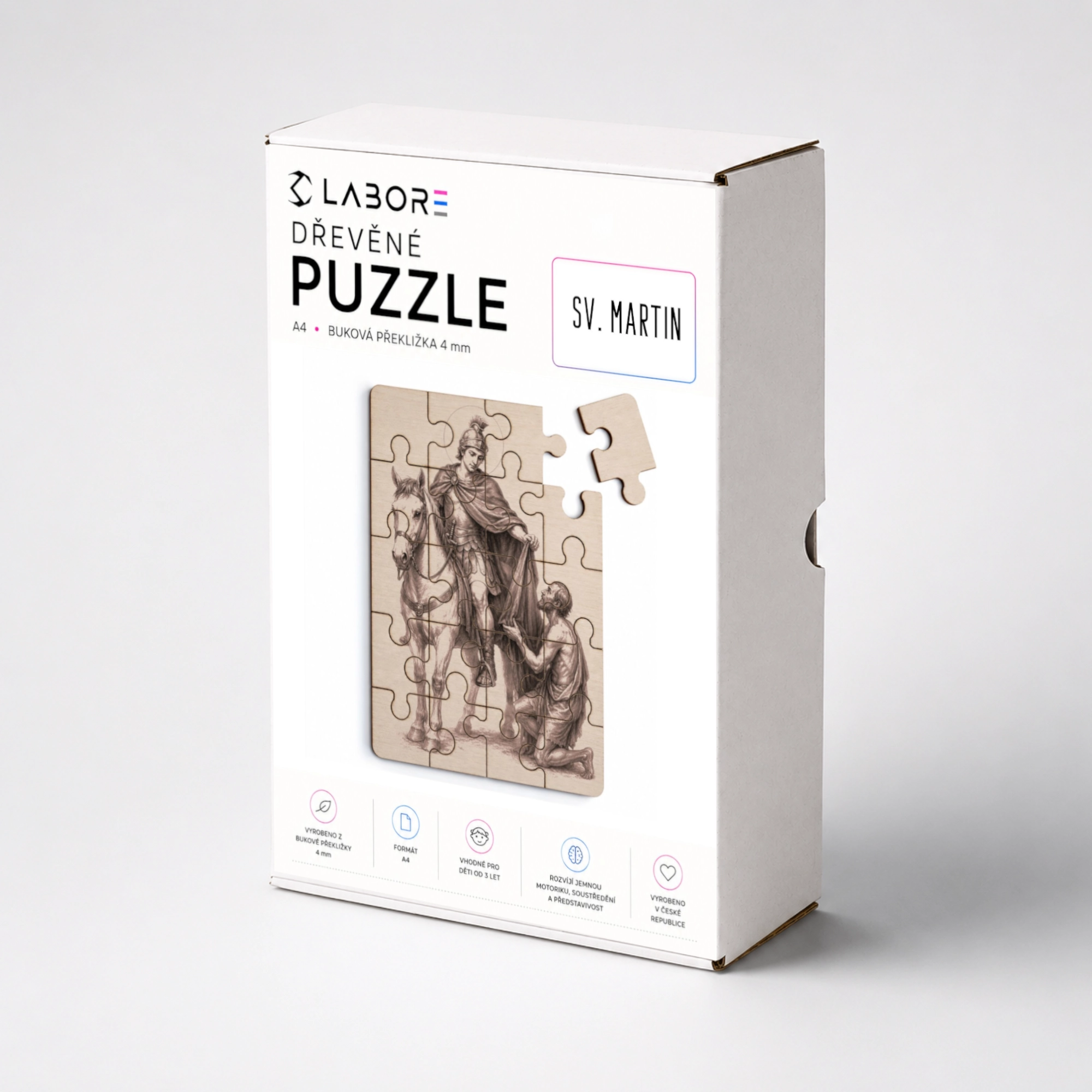 Dřevěné puzzle s motivem sv. Martina uložené v elegantní bílé dárkové krabici. Po složení vznikne detailní obraz zachycující okamžik, kdy sv. Martin daruje část svého pláště chudému člověku. Puzzle je vyrobeno z kvalitní bukové překližky a spojuje zábavu, rozvoj jemné motoriky a poznávání významných křesťanských světců. Vhodný dárek pro děti, rodiny i věřící.