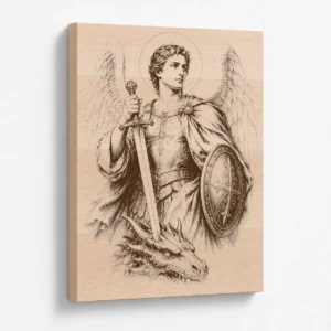Gravírovaný obraz archanděla Michaela s mečem, štítem a poraženým drakem z bukového masivu, šikmý pohled na kresbu a tloušťku dřeva
