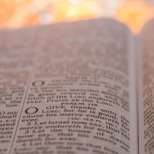 Detail otevřené anglické Bible s osvětleným textem žalmu