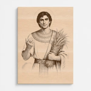 Čelní pohled na gravírovaný obraz s motivem Josefa Egyptského z bukového masivu