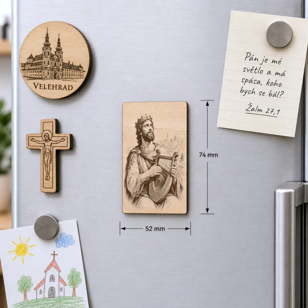 Dřevěný magnet A8 s motivem krále Davida na chladničce mezi dřevěným křížem, obrázkem poutního místa a žalmem, rozměr 52 × 74 mm