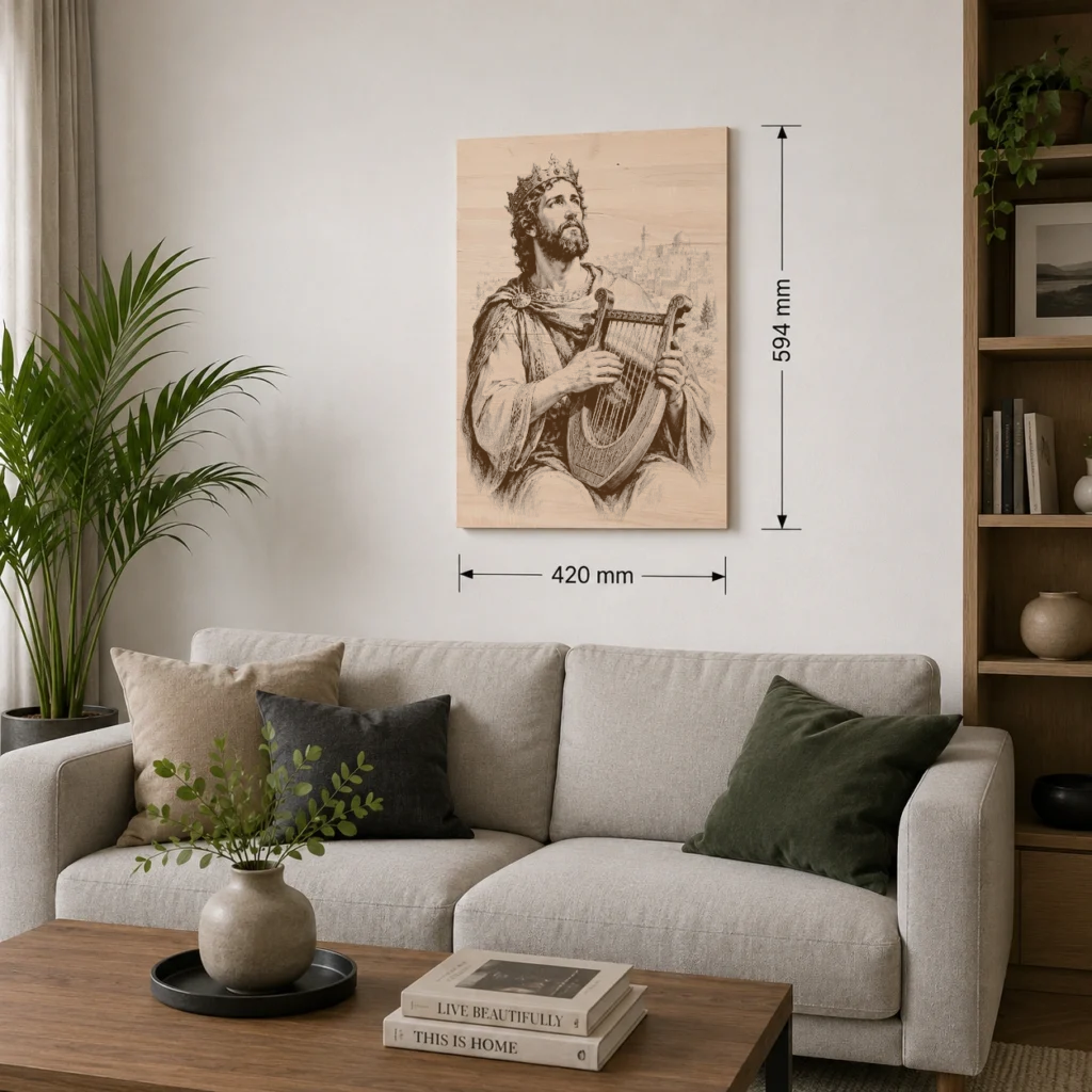 Velkoformátový obraz krále Davida A2 z bukové překližky nad pohovkou, 420 × 594 mm