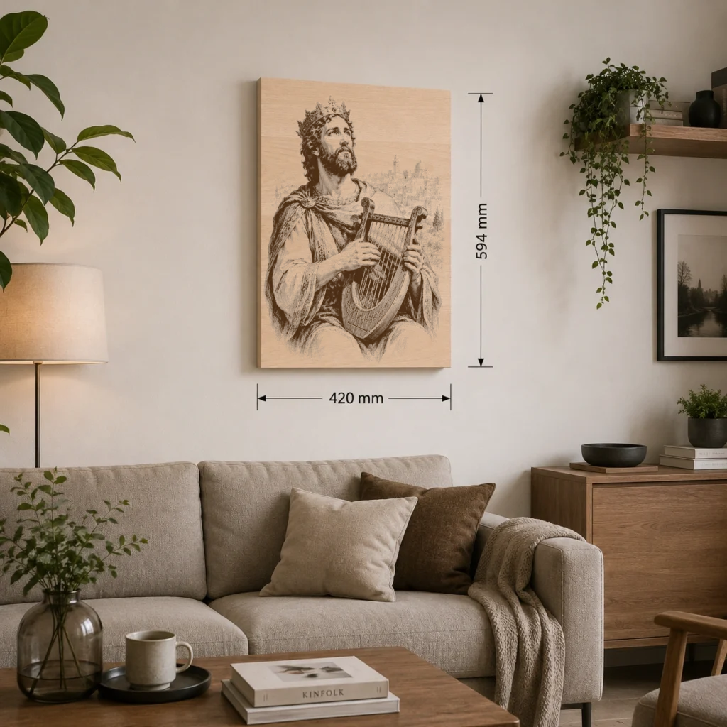 Velký obraz krále Davida A2 z bukového masivu nad pohovkou, šířka 420 mm