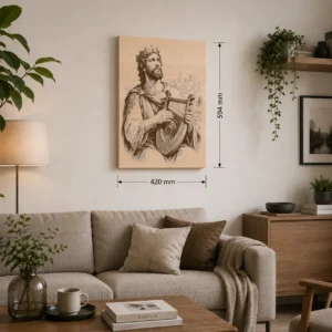 Velký obraz krále Davida A2 z bukového masivu nad pohovkou, šířka 420 mm