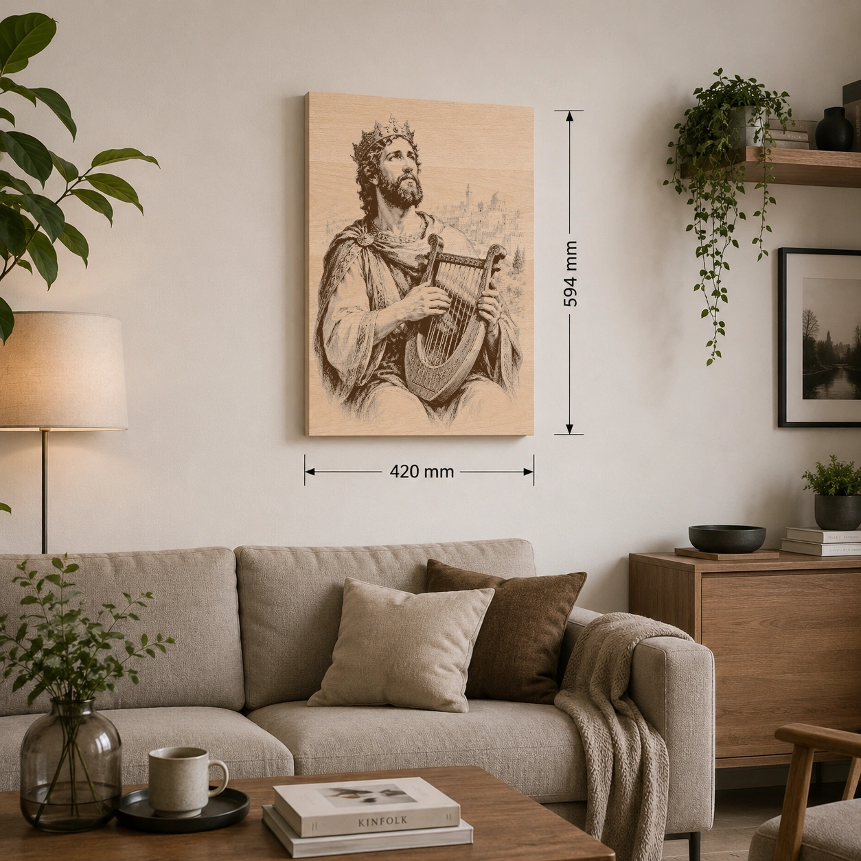 Velký obraz krále Davida A2 z bukového masivu nad pohovkou, šířka 420 mm