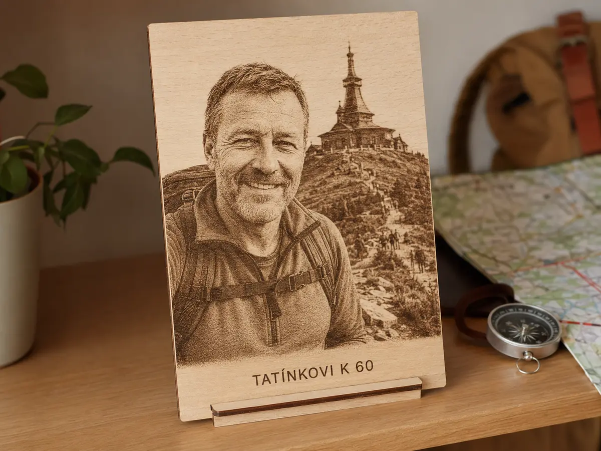 Osobní dárek tatínkovi k 60. narozeninám s fotografií z Beskyd gravírovanou do dřeva