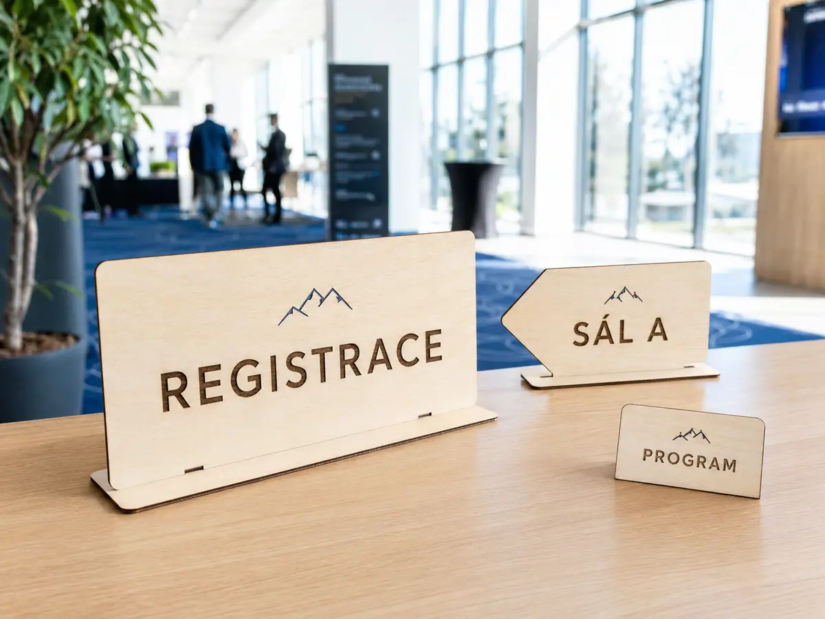 Dřevěné cedule pro konferenci a akci Orientační cedule Registrace, Sál A a Program z březové překližky