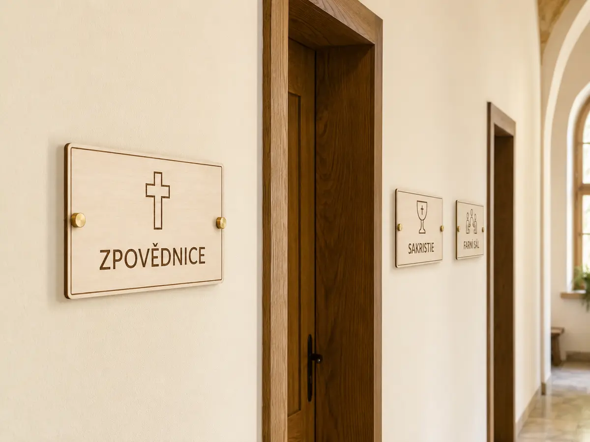 Dřevěné cedule pro farnost Dřevěné cedule Zpovědnice, Sakristie a Farní sál z březové překližky