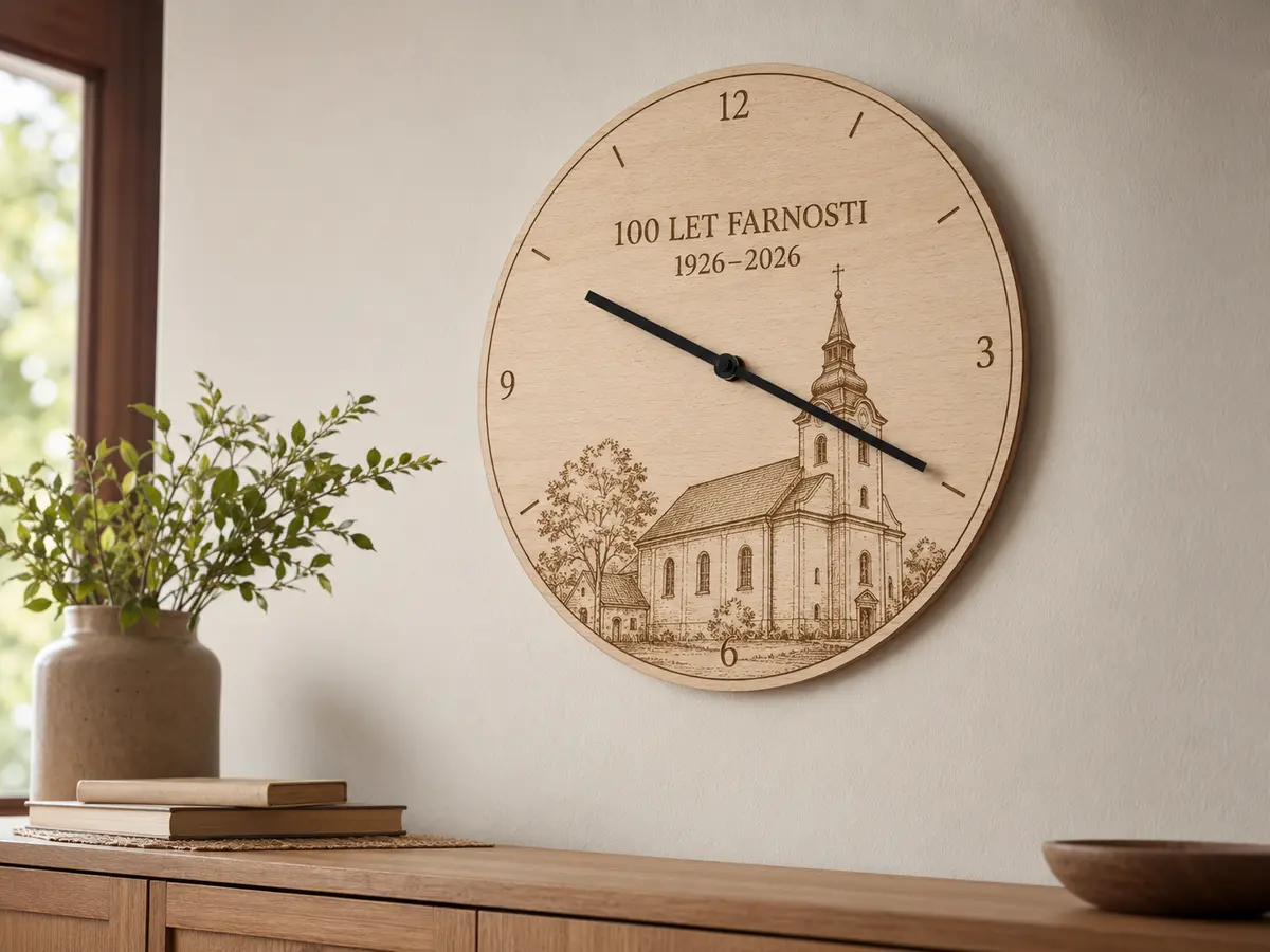 Dřevěné hodiny k výročí farnosti Nástěnné hodiny 100 let farnosti s gravírovaným kostelem na bukové překližce
