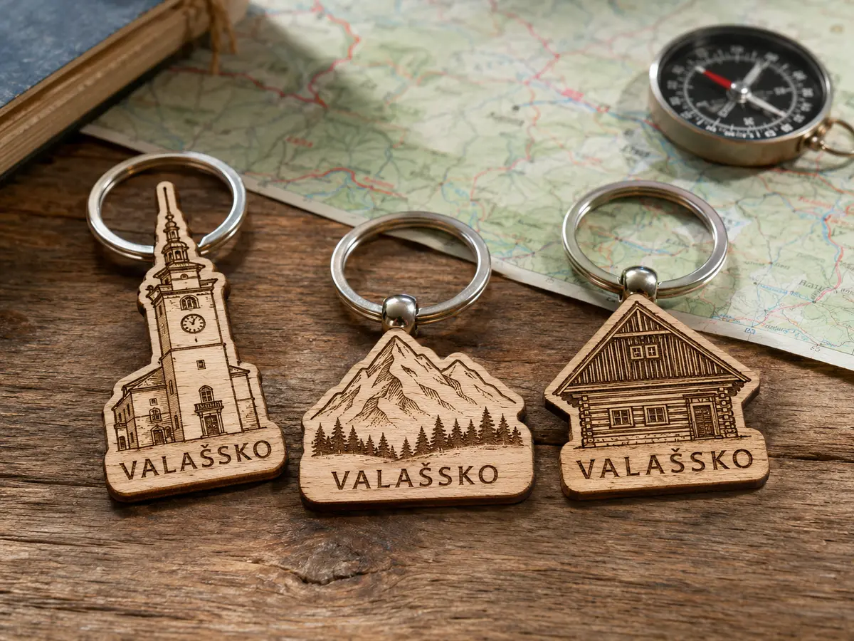 Dřevěné klíčenky Valašsko Turistické klíčenky Valašsko s věží, horami a roubenkou z bukové překližky