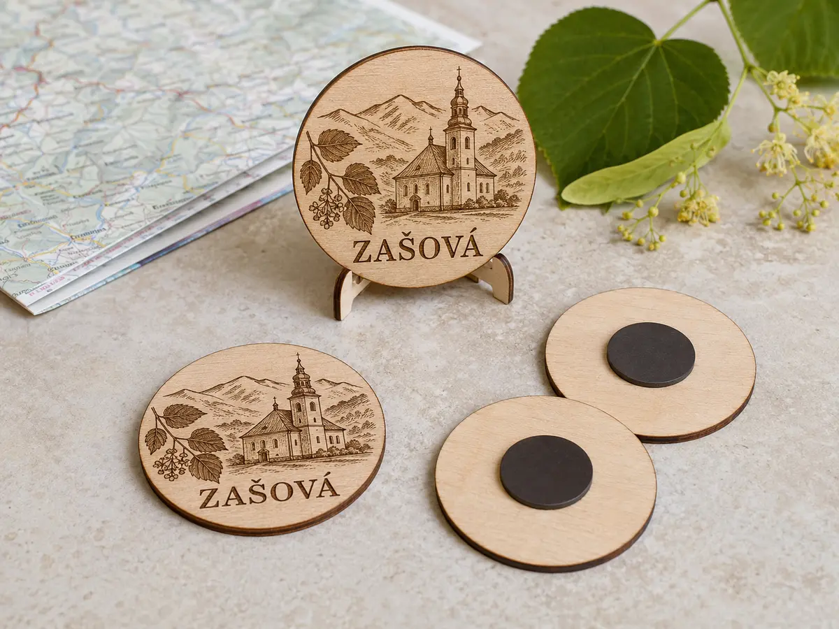 Dřevěné magnety Zašová s kostelem Turistické magnety Zašová s kostelem, Beskydami a lipovou ratolestí z březové překližky