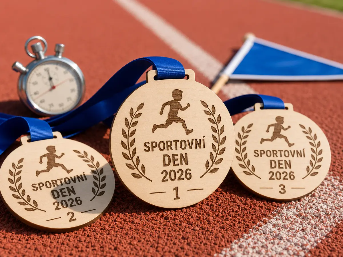 Dřevěné medaile pro školní sportovní den Laserem gravírované školní medaile z 3mm březové překližky s modrými stuhami