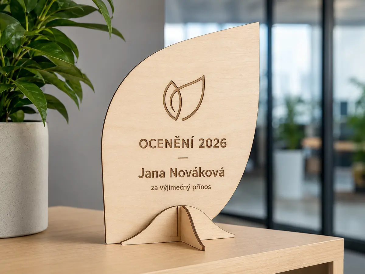 Dřevěné ocenění zaměstnance Personalizované ocenění zaměstnance z bukové překližky se jménem a firemním symbolem