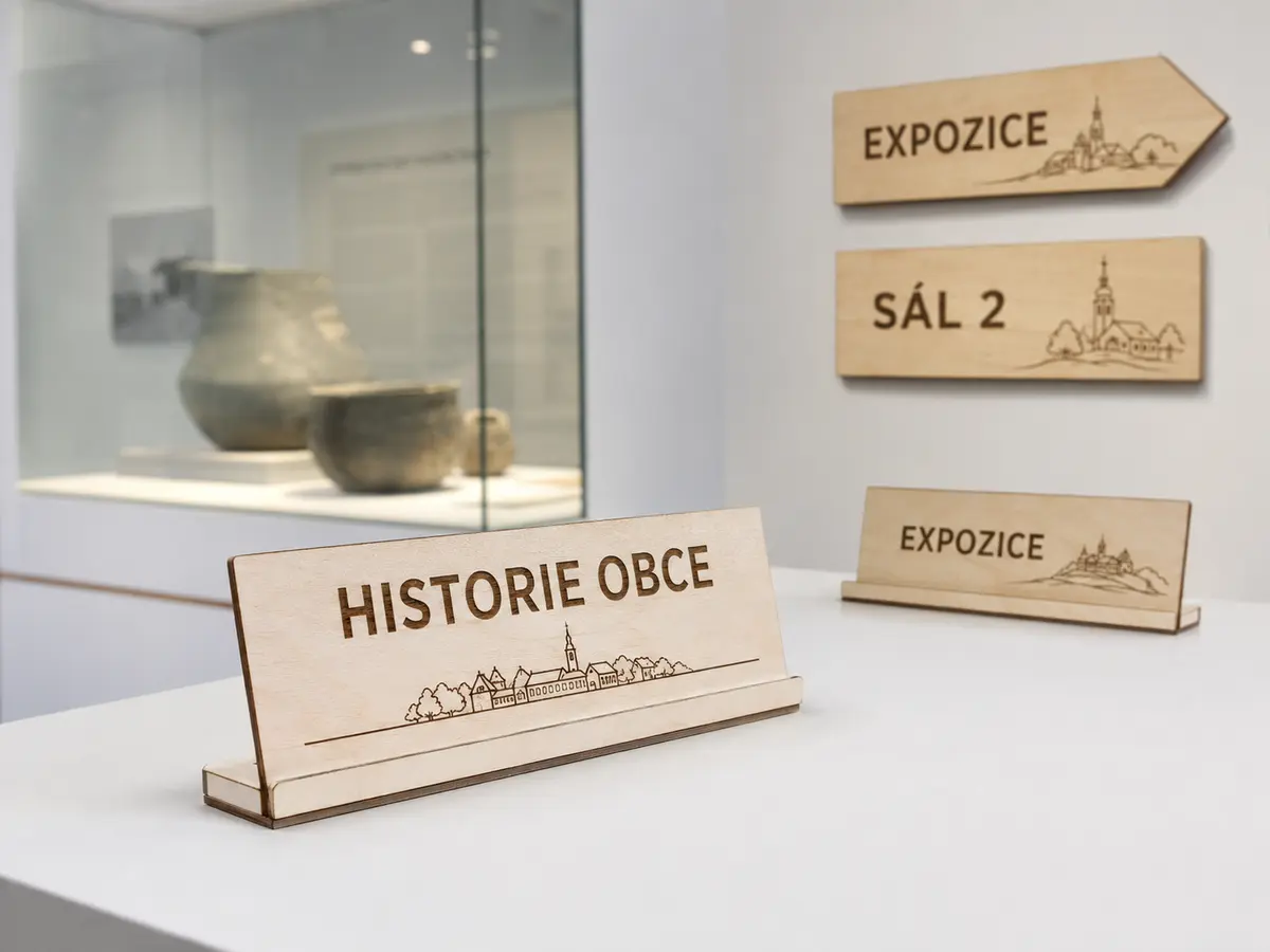 Dřevěné popisky a orientace expozice Dřevěné muzejní popisky Historie obce, Expozice a Sál 2 z březové překližky