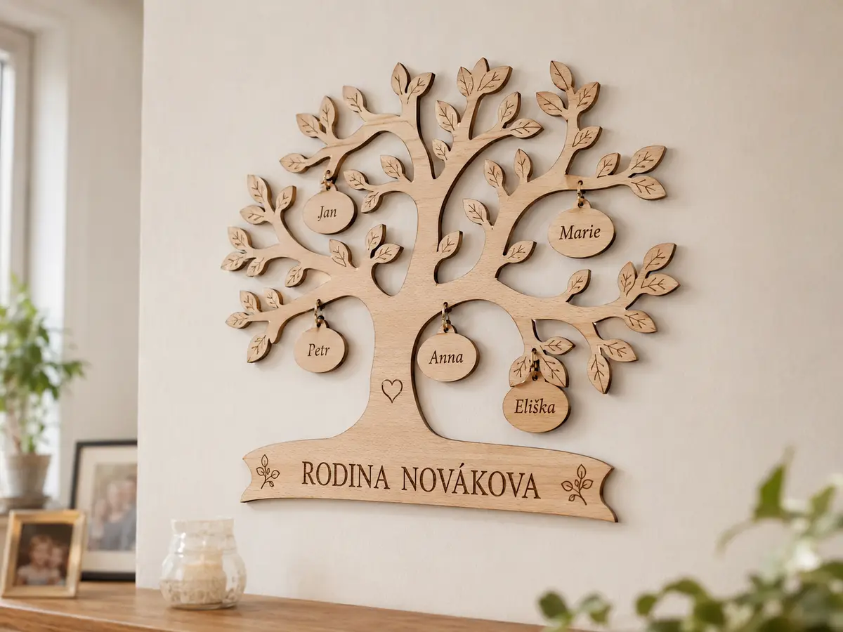 Dřevěný rodinný strom se jmény Dřevěný rodokmen Rodina Novákova s pěti gravírovanými jmény na závěsných štítcích