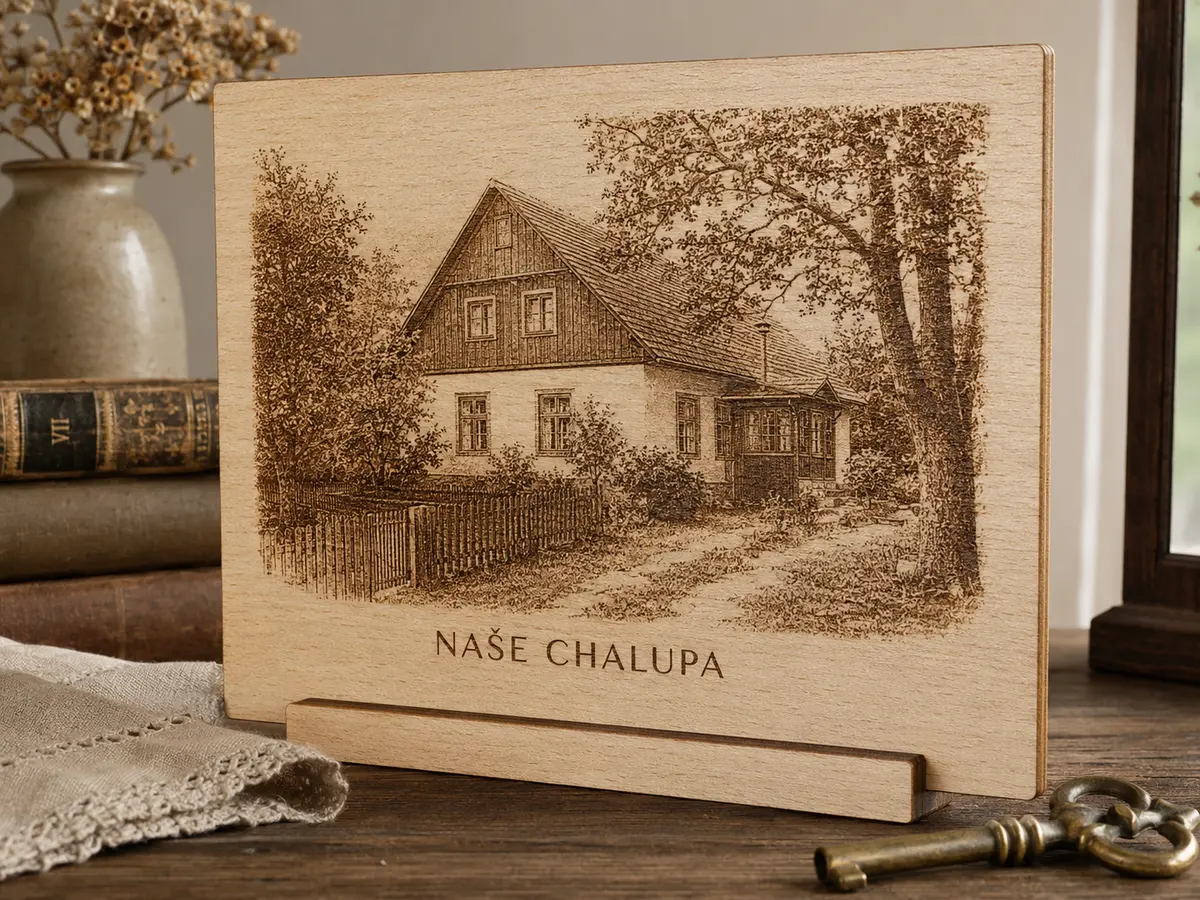 Gravírovaný obraz rodinné chalupy Detailní fotografie rodinné chalupy laserem gravírovaná do bukové překližky