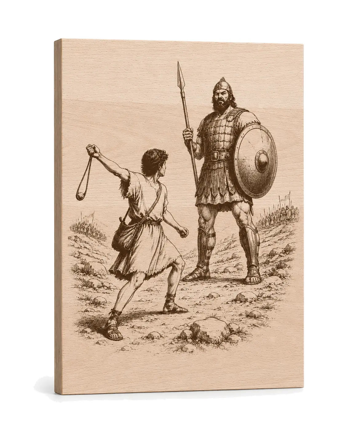 Gravírovaný obraz biblického příběhu David a Goliáš