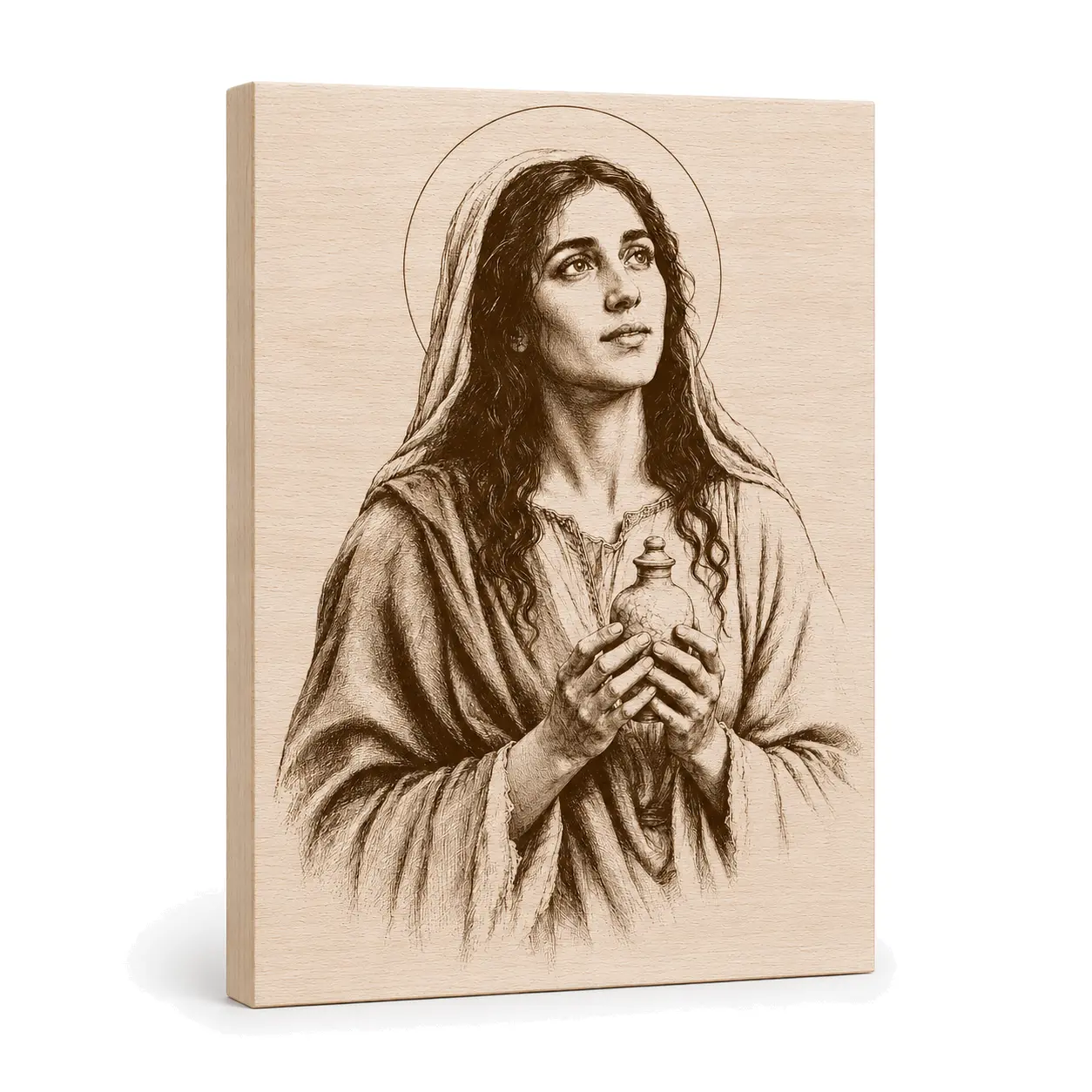 Gravírovaný obraz svaté Marie Magdalény na bukové překližce