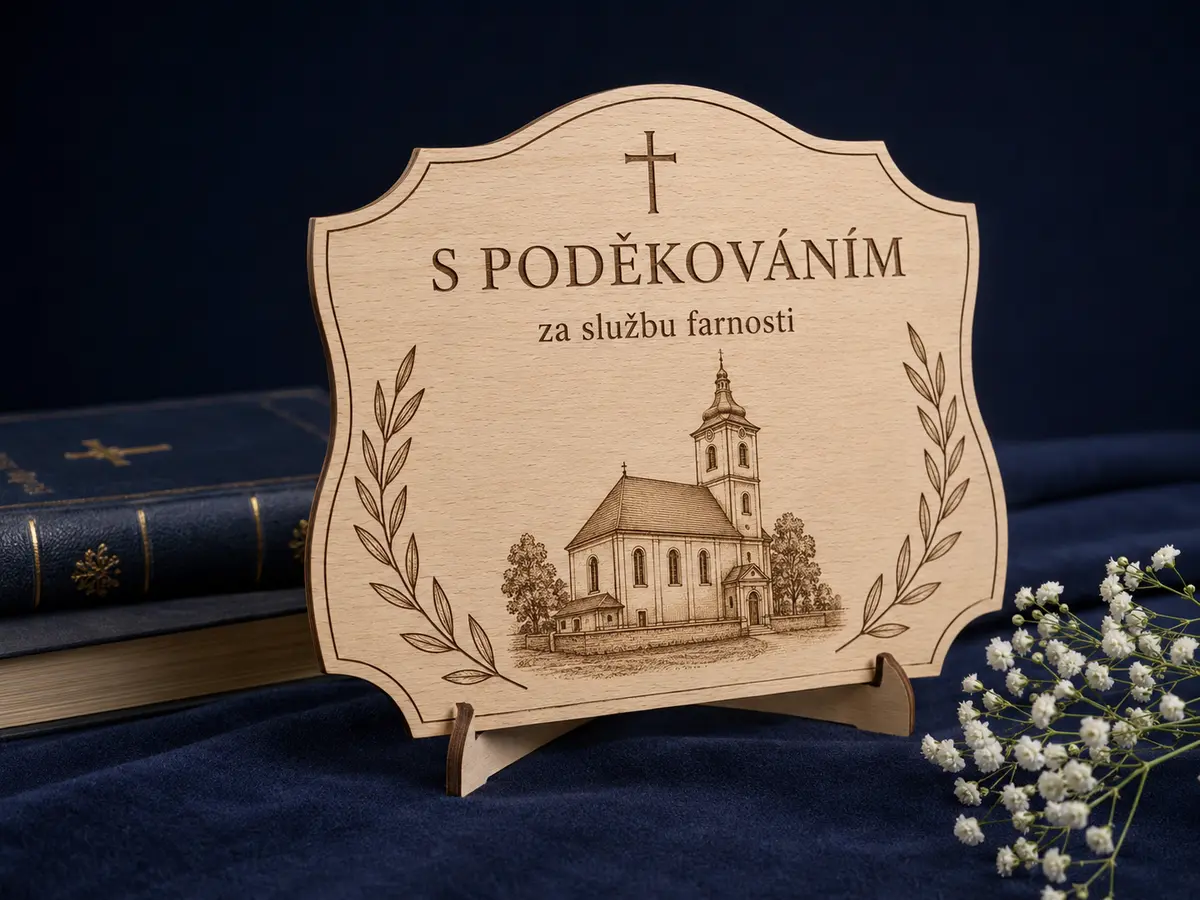 Dřevěné poděkování za službu farnosti Pamětní plaketa s poděkováním knězi a gravírovaným kostelem na bukové překližce