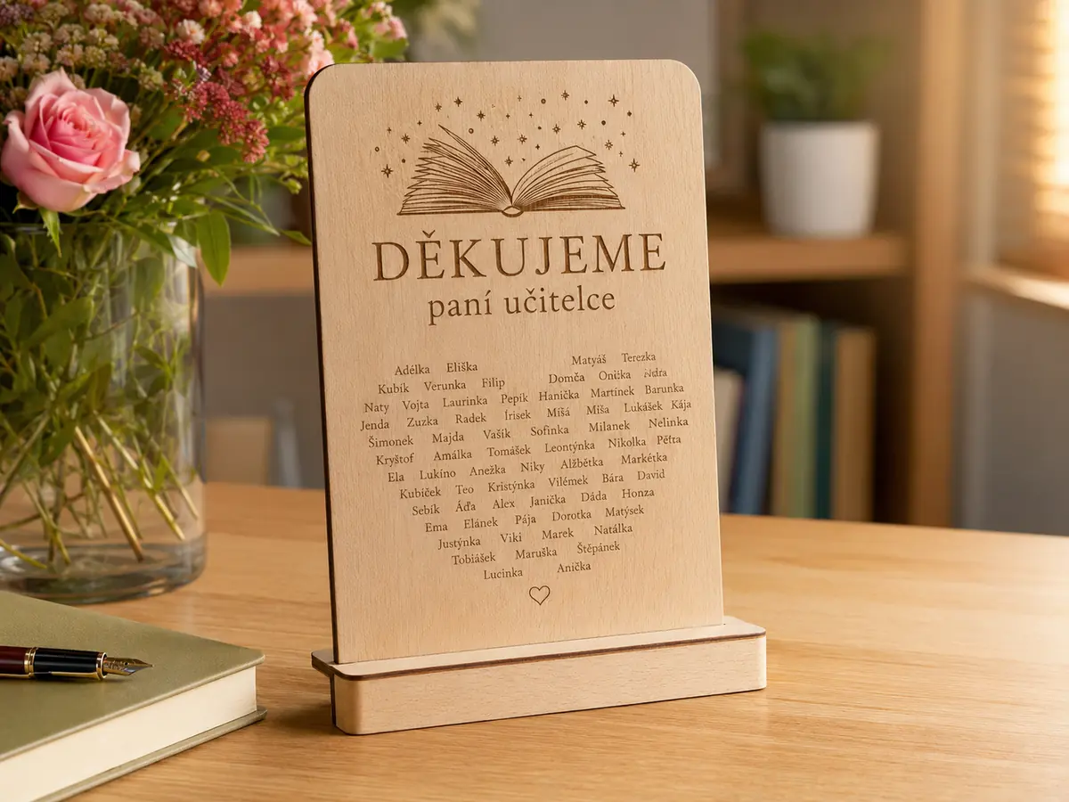 Dřevěné poděkování paní učitelce Plaketa Děkujeme paní učitelce se jmény dětí gravírovaná do bukové překližky
