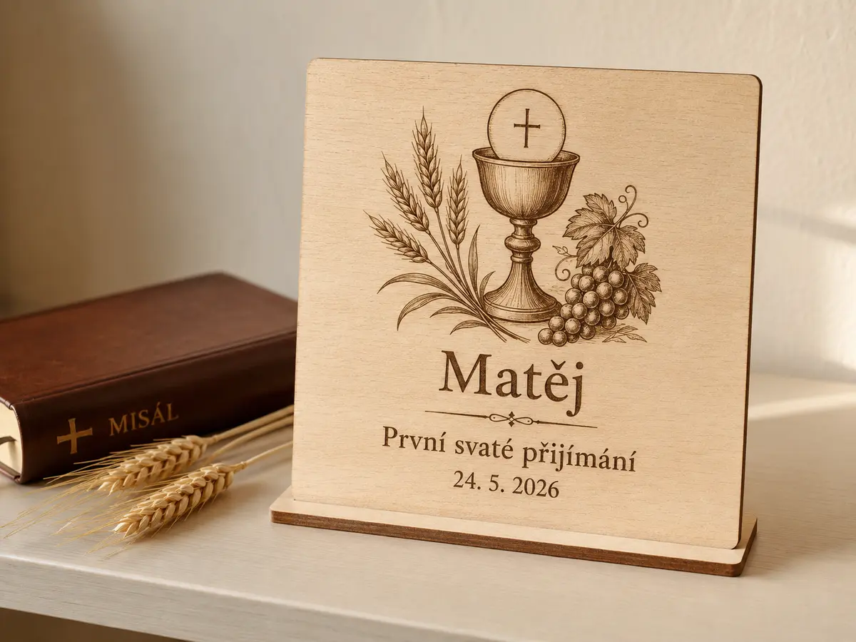 Dřevěný obraz k prvnímu svatému přijímání Památka na první svaté přijímání pro Matěje s kalichem a hostií gravírovaná do dřeva
