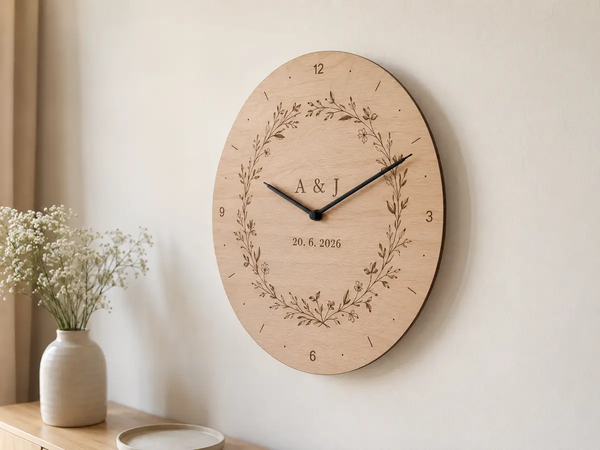 Svatební dřevěné hodiny se jmény Nástěnné svatební hodiny z bukové překližky s monogramem a datem svatby