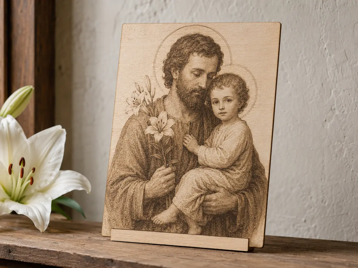 Gravírovaný obraz svatého Josefa s Ježíškem Katolický obraz svatého Josefa s Ježíškem a lilií gravírovaný do bukové překližky