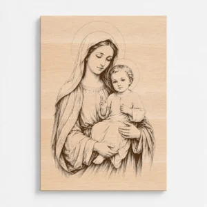 Čelní pohled na gravírovaný obraz s motivem Madony s dítětem z bukového masivu