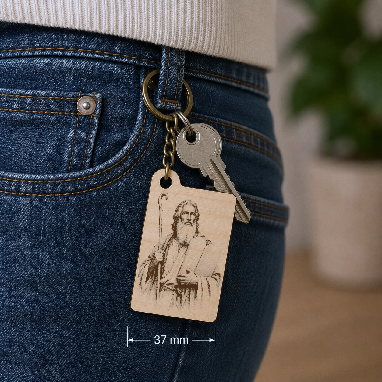 Dřevěná klíčenka s motivem Mojžíše v každodenním použití, šířka 37 mm
