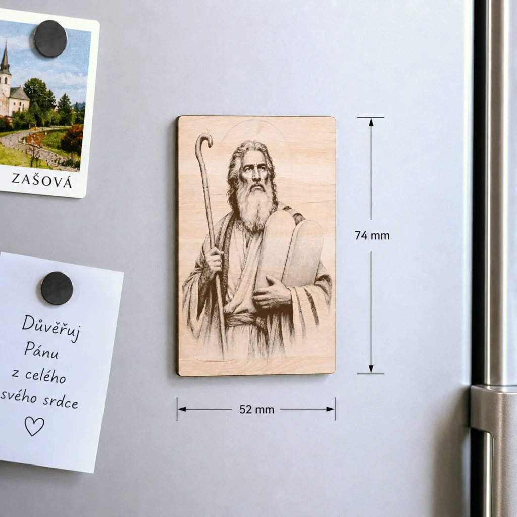 Dřevěný magnet A8 s motivem Mojžíše na chladničce, rozměr 52 × 74 mm