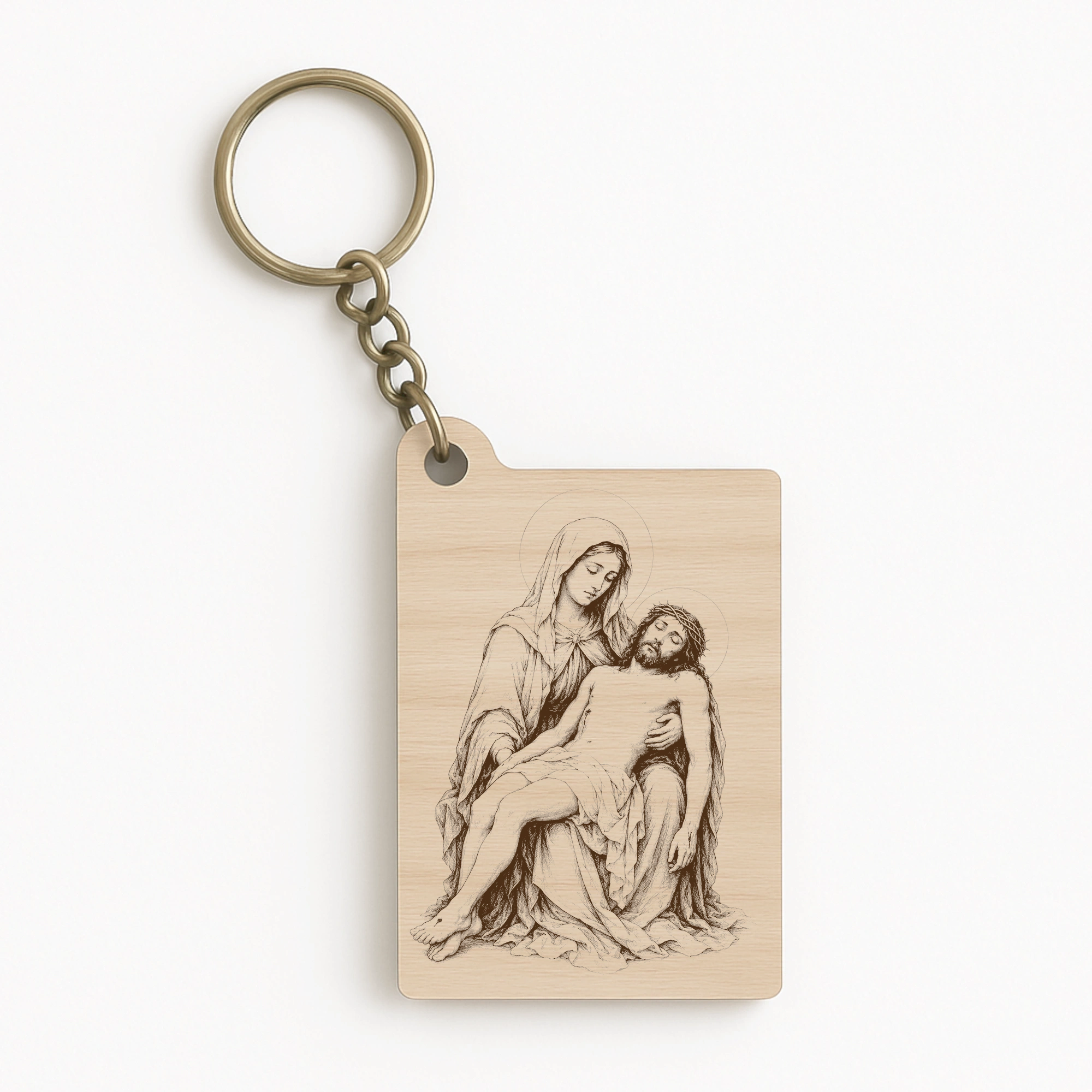 Dřevěná klíčenka s motivem Piety, Panny Marie s ukřižovaným Kristem, samostatná produktová fotografie