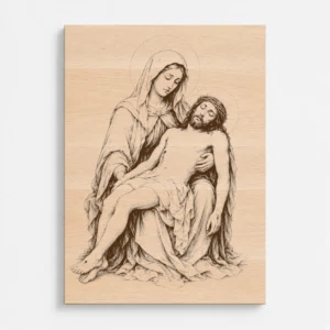 Čelní pohled na gravírovaný obraz s motivem Piety, Panny Marie s ukřižovaným Kristem z bukového masivu