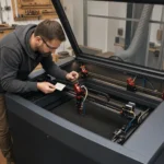 Technik seřizuje zrcadlo a mechaniku portálu CO2 laseru