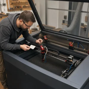 Technik seřizuje zrcadlo a mechaniku portálu CO2 laseru