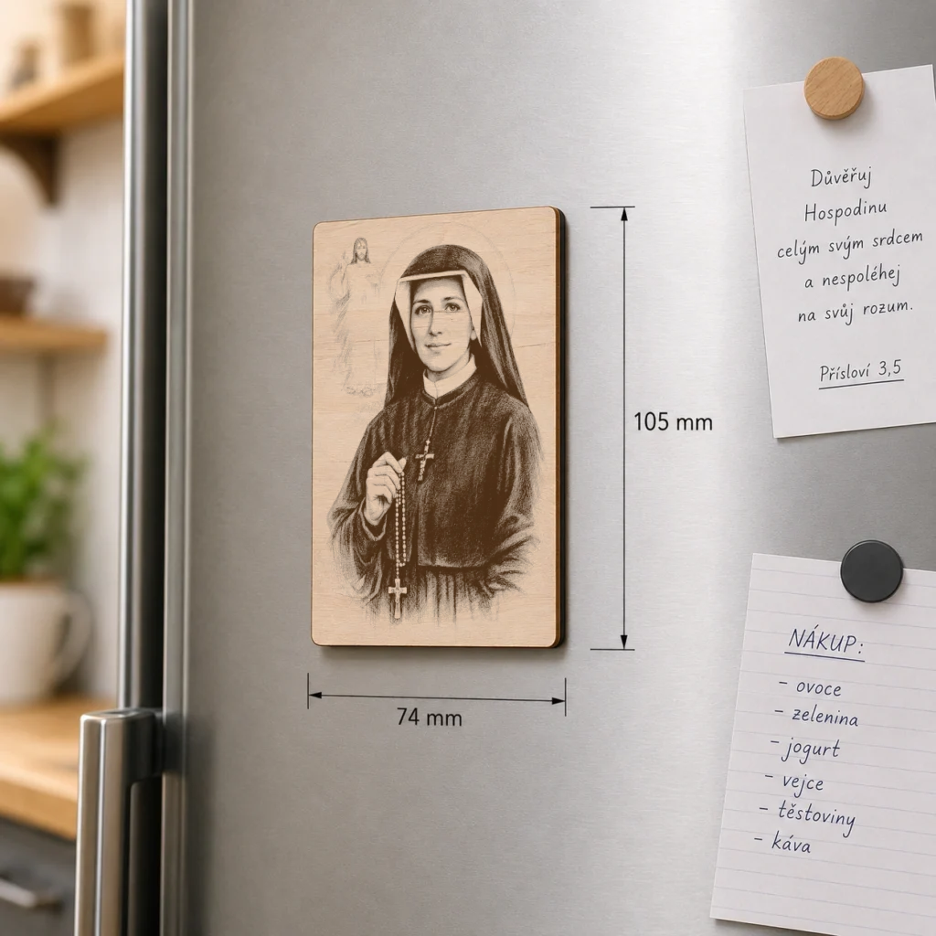 Dřevěný magnet A7 s motivem svaté Faustýny Kowalské na chladničce, rozměr 74 × 105 mm