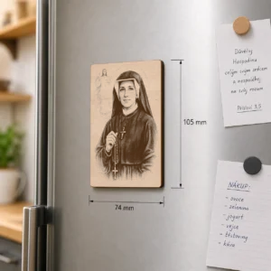 Dřevěný magnet A7 s motivem svaté Faustýny Kowalské na chladničce, rozměr 74 × 105 mm