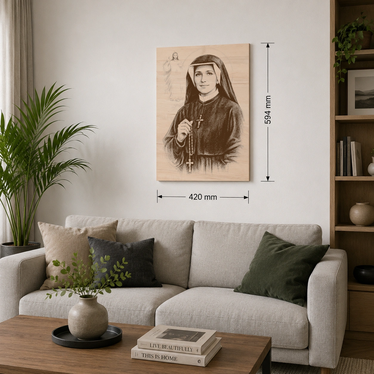 Velkoformátový obraz s motivem svaté Faustýny Kowalské A2 z bukové překližky, 420 × 594 mm