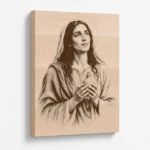 Gravírovaný obraz s motivem svaté Marie Magdalény z bukového masivu, šikmý pohled na kresbu a tloušťku dřeva