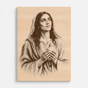 Čelní pohled na gravírovaný obraz s motivem svaté Marie Magdalény z bukového masivu