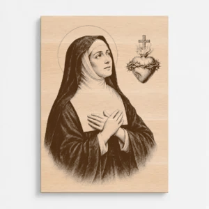 Čelní pohled na gravírovaný obraz s motivem svaté Markéty Marie Alacoque z bukového masivu