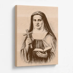 Gravírovaný obraz s motivem svaté Terezie Benedikty od Kříže, Edith Stein z bukového masivu, šikmý pohled na kresbu a tloušťku dřeva