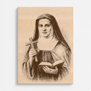 Čelní pohled na gravírovaný obraz s motivem svaté Terezie Benedikty od Kříže, Edith Stein z bukového masivu