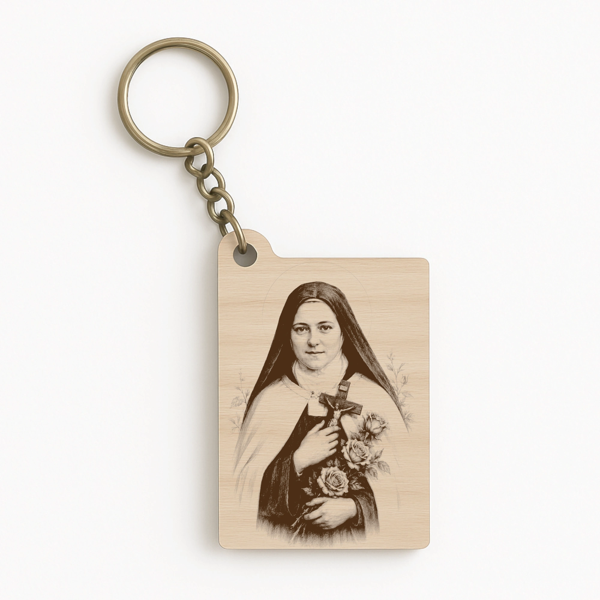 Dřevěná klíčenka s motivem svaté Terezie z Lisieux, produktová fotografie